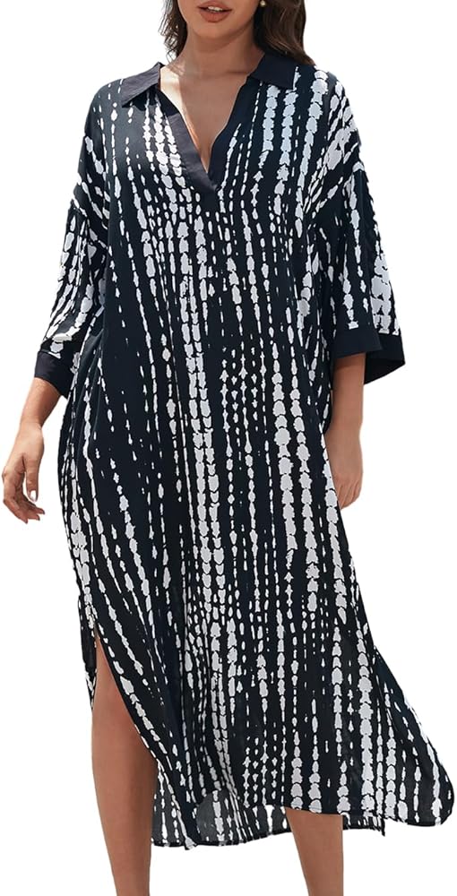 Eddoyee Bathing Suit Coverups Side Spilt Beach Cover Up 3/4 Sleeve Kaftan Dresses for Women Plus Size