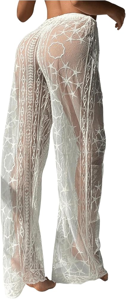 GORGLITTER Women's Boho Print Sheer Mesh Swim Cover Up Pants Elastic Waist See Through Swimsuit Cover Ups