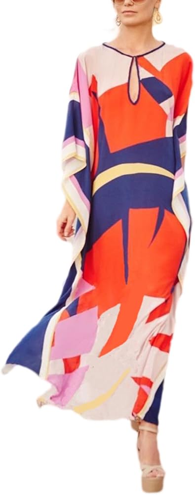 Bsubseach Women Loose Multicolor Colorblock Beach Dress Half Sleeve Long Kaftan Swimsuit Cover Up