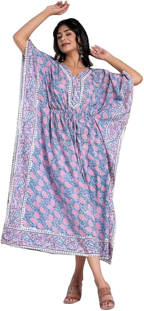 Women's Handblock Cotton Kaftan Dress, Long Sleeved, Bohemian Style, Blue