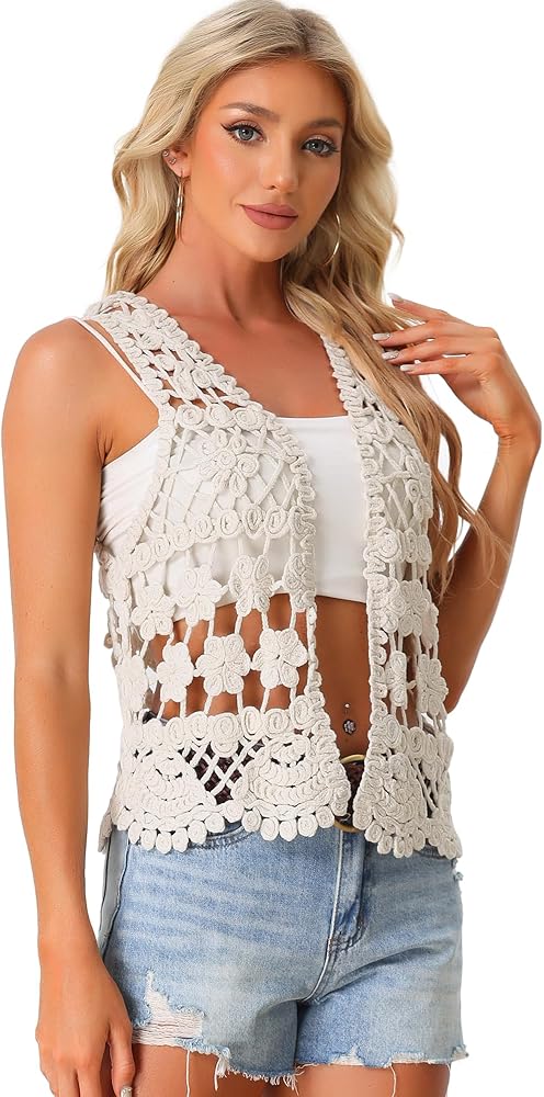 Allegra K Women's Crochet Lace Vest Boho Sleeveless Open Front Cover Up Summer Beachwear