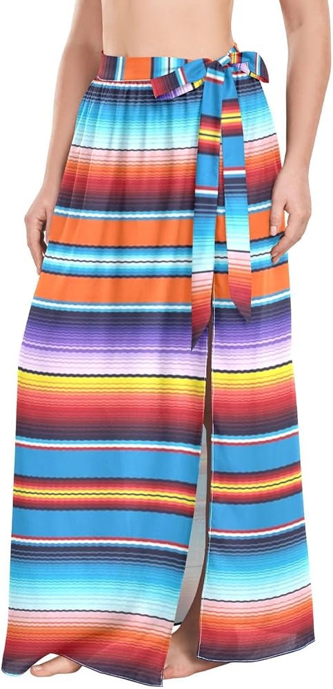 Mexican Serape Blanket Stripes Women's Beach Cover Up Wrap Maxi Skirt Sarong Swimsuit Bikini Cover-ups M