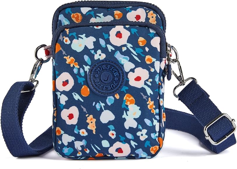 LaRechor Mini Bolsos Bandolera Bolso de Teléfono Movil Bolsos Pequeño de Mujer Niña Bolso Cruzados de Nailon con 3 Compartimentos (Azul con Flores)