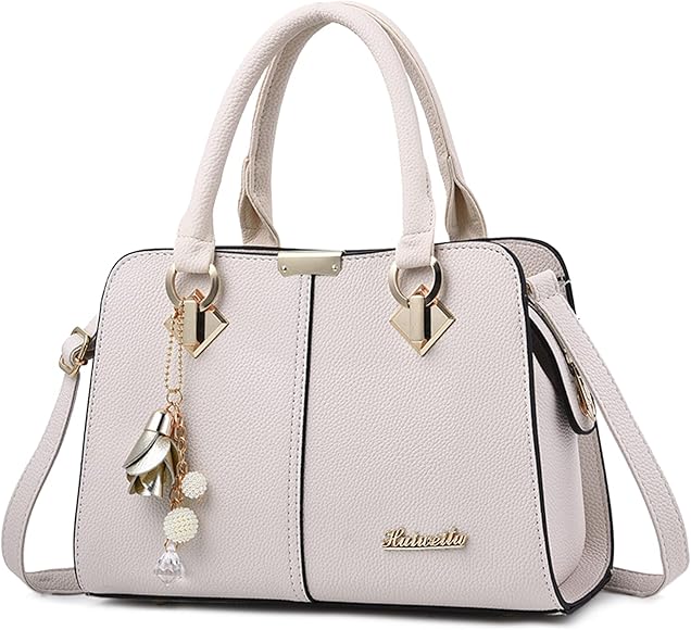 FORRICA Bolsos de Mujer Bolso de Mano Elegante Bolso Tote con Colgante Exquisito Señora Cuero PU Bolso Bandolera para Trabajar Compras Blanco