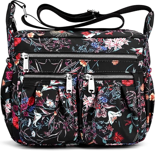 SODOLLEE Mujer Bolso Bandolera Estampado de Moda Bolso de Hombro Múltiples Bolsillos Señora Bolsos Crossbody Nylon Bolso para Compras Viajar Flor C