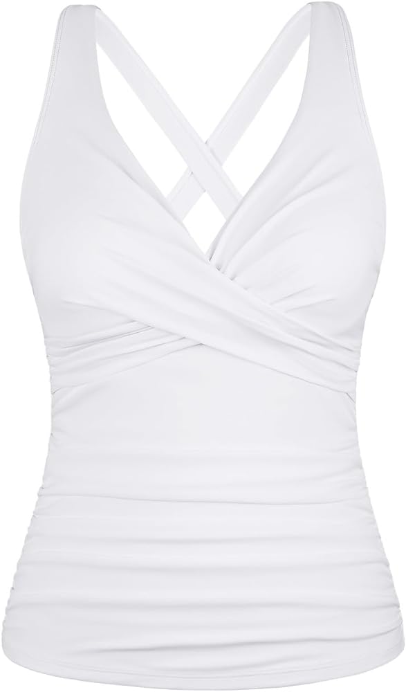 Hilor Women's Underwire Tankini Top Tummy Control Bathing Suits Sexy V Neck Crossover Swim Top Only