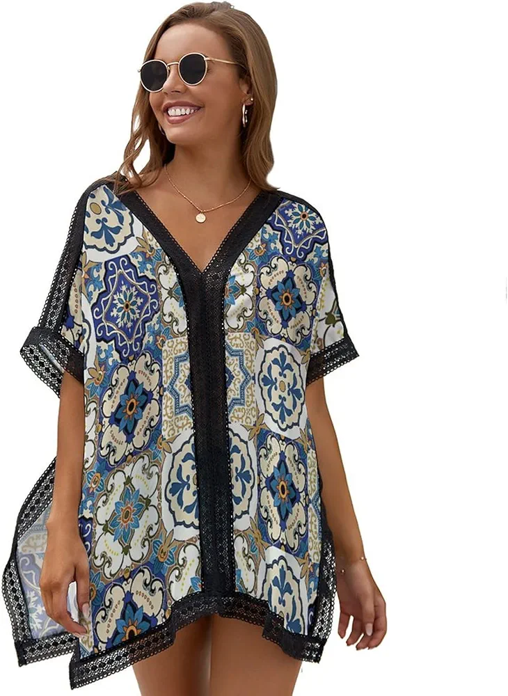 Gorgeous Patchwork Moroccan Tile Fashion Cover Ups for Swimwear Women V Neck Lace Trim Beach Coverup Bikini Swimsuit Poncho Tops