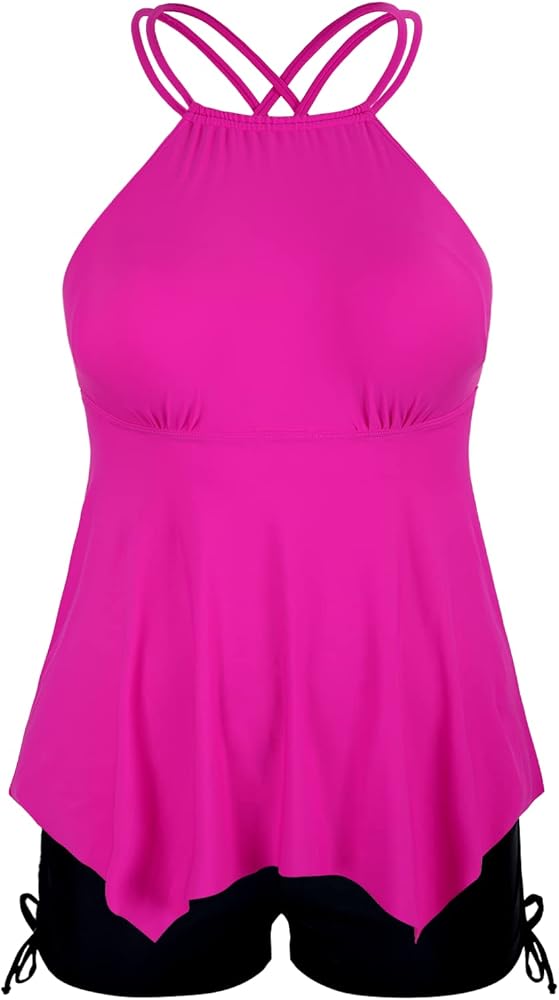 Mycoco Women Plus Size High Neck Tankini Swimsuits with Shorts Flowy Bathing Suits Tummy Control Two Piece Swimwear