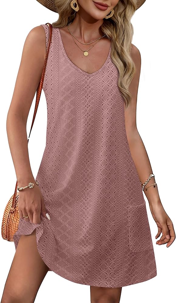 OFEEFAN Womens Summer Dresses 2024 Loose V Neck Sleeveless Sundresses Swimsuit Coverup with Pockets Floral/Plain/Eyelet