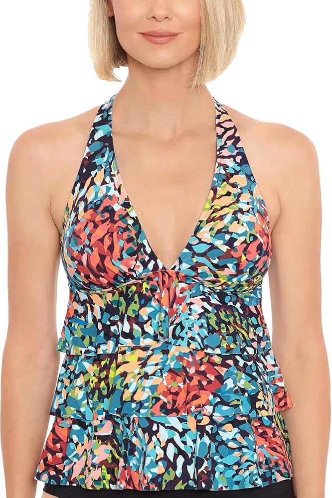 Halter Triple-Tier Tankini Top Abstract Swirl Black Multi 10