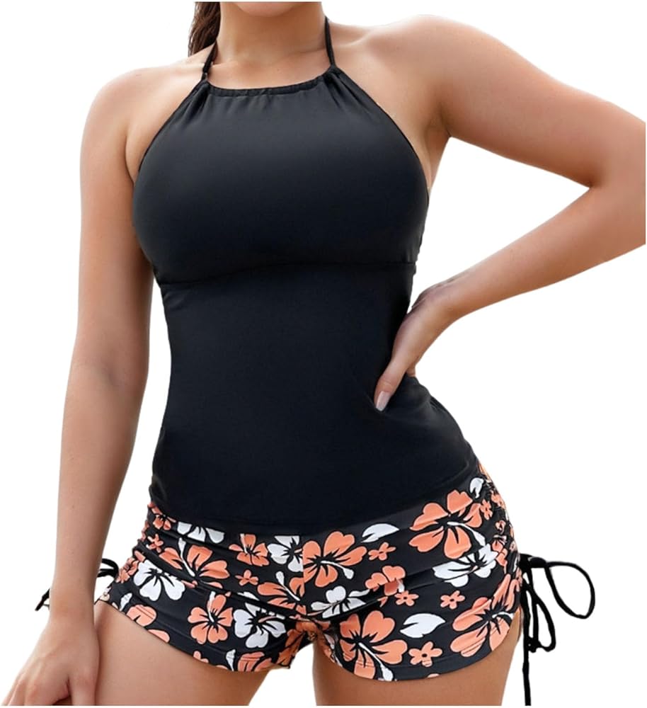 Tankini Swimsuits for Women 2 Piece Slimming Bathing Suits Tummy Control Swimwear with Drawstring Side Boy Shorts