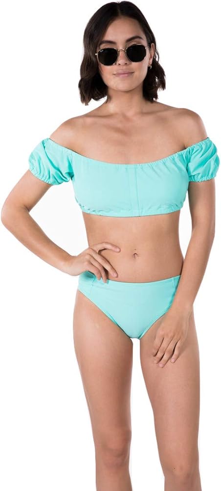 2 PC. Ladies Mint Bardot Style Off The Shoulder Top Set Swimwear