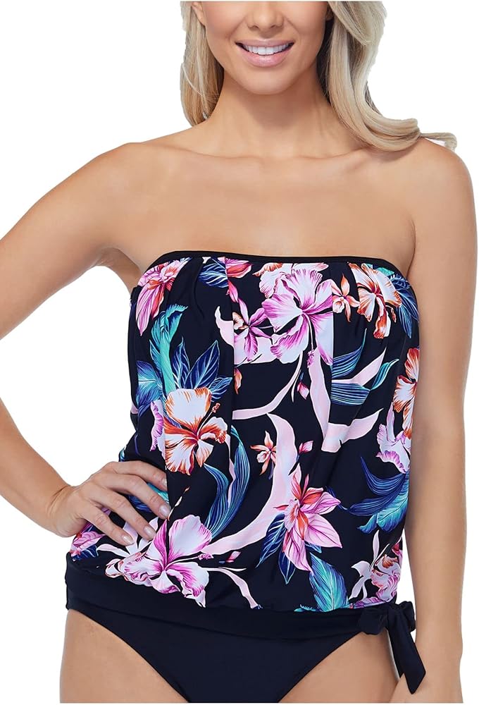 Women's Black Floral Removable Straps Removable Cups Pleated Tie Rio Bloom Bandeau Tankini Swimsuit Top 6