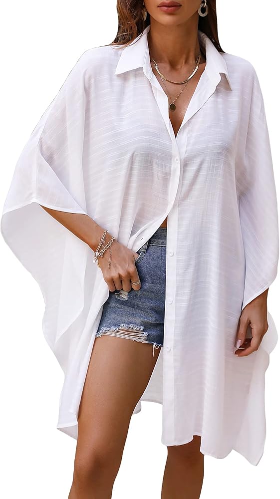 Floerns Women's Long Sleeve Swimwear Sheer Mesh Button Down Kimono Cover Up