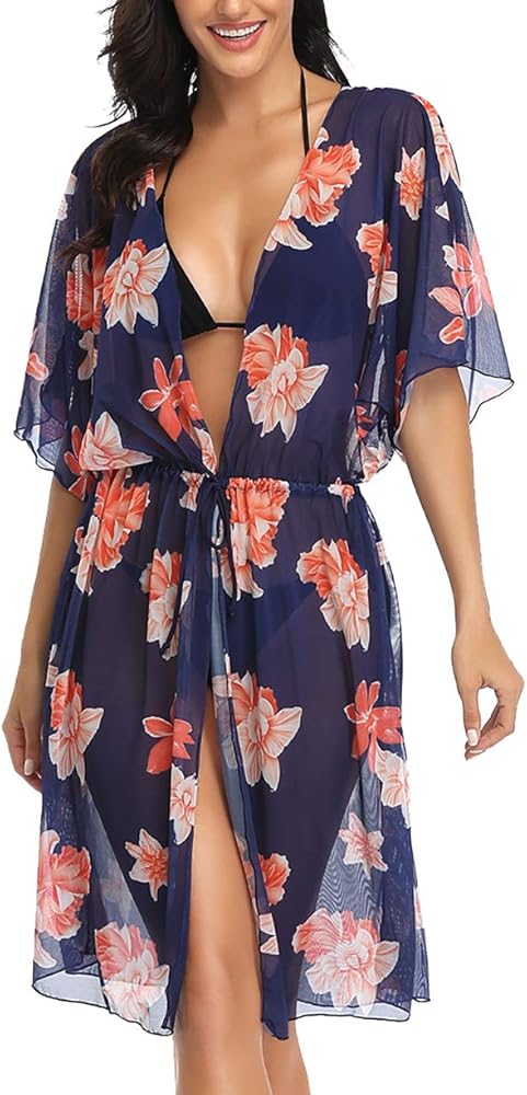 Womens Bikini Cover Ups Printed Swimsuit Kimono Cardigans Beach Dress Black