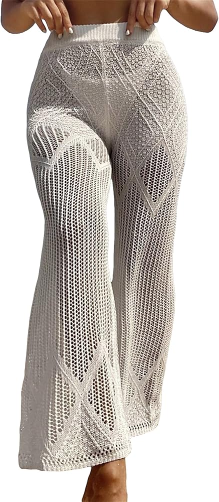 GORGLITTER Women's Hollow Out Knitted Cover Up Pants Flare Leg High Waist Crochet Beachwear