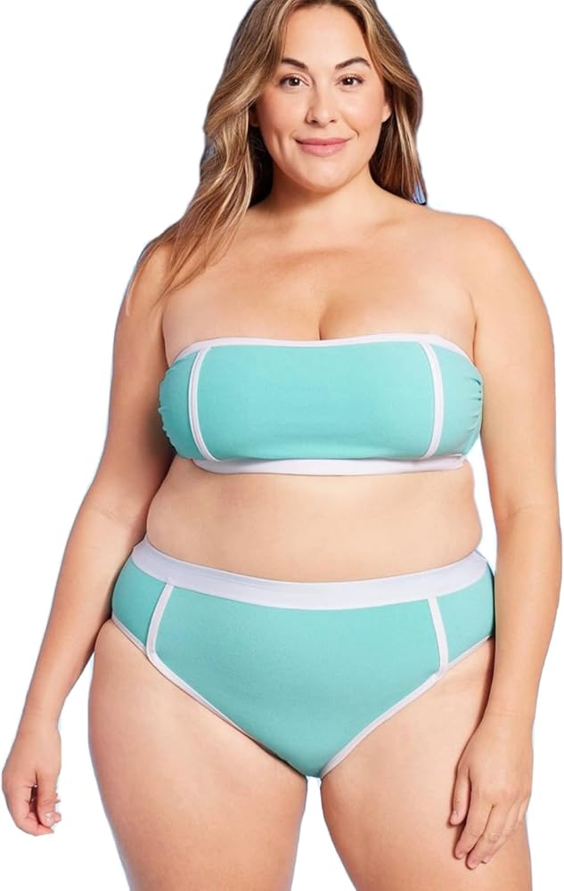 Women's Plus Terry Textured Solid High Waist High Leg Bikini Bottom – Turquoise – Size 3X (24W-26W)