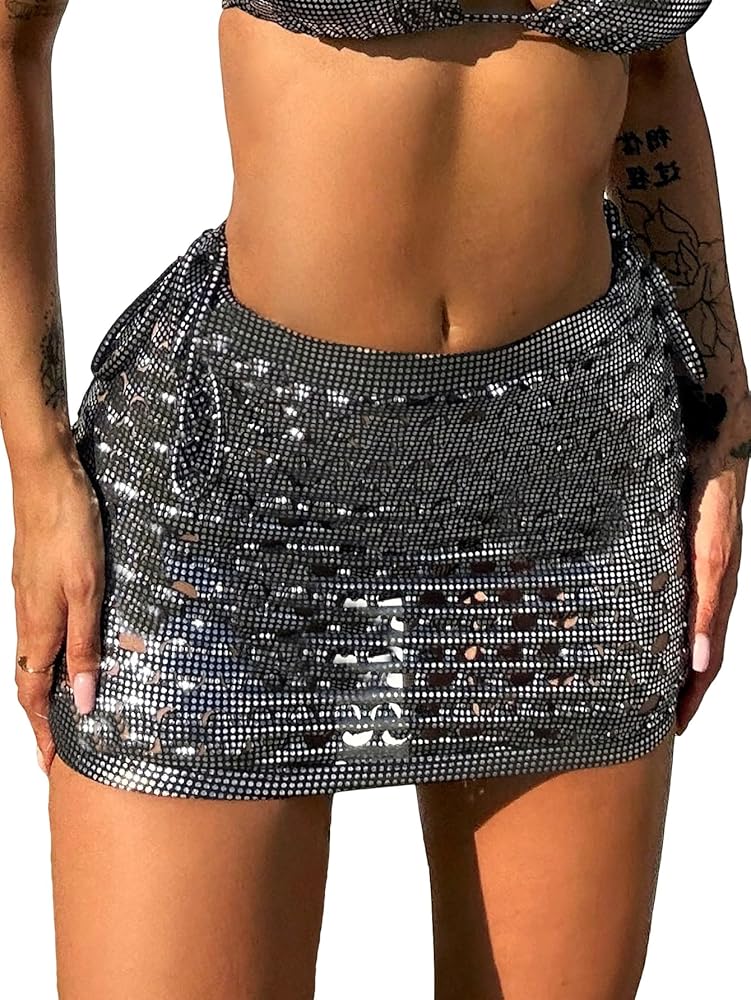 WDIRARA Women's Rhinestone Glitter Tie Side Cover Up Skirt Swimwear Party Beach Skirts