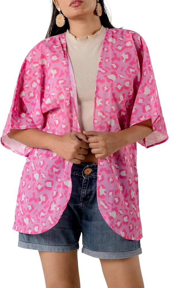 Women's Floral Print Puff Sleeve Kimono Cardigan Beach Wear Swimsuit Cover Up Casual Loose Blouse Tops