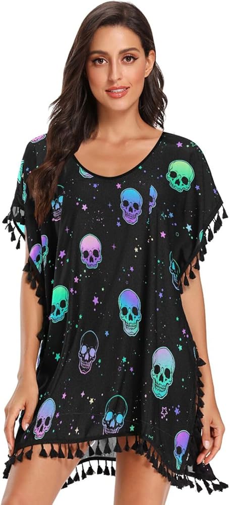 Skulls Black Halloween Swimsuit Coverup Beach Cover Ups Bathing Suit Cover Up Summer Dress for Women L