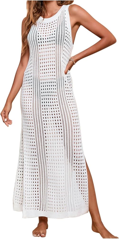 Womens Summer Crochet Swimsuit Cover Ups Sleeveless Crewneck Hollow Out Bathing Suit Side Split Long Beach Dresses