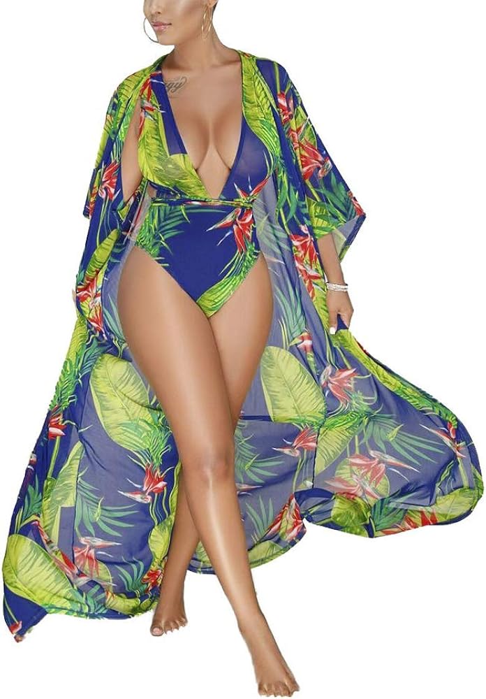 Women's Dyeing Bikini One Piece Swimsuit+Ponchos Cover Up Set Beach Dress