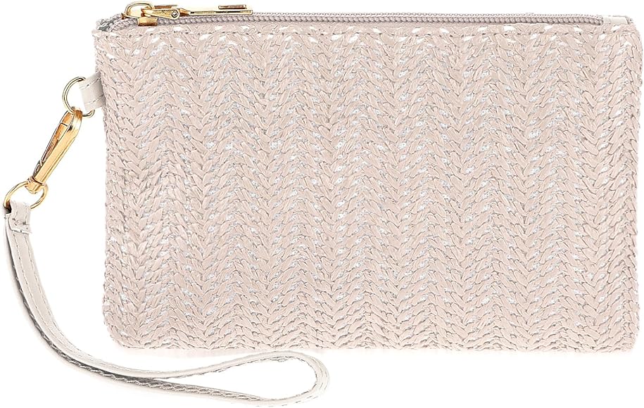 TIESOME 18cm Monederos de Paja para Mujer, Bolso de Mano Tejido de Paja, Bolso de Mano de Verano para la Playa, Bolso de Paja con Cremallera, Bolso Boho de Mimbre, Blanco