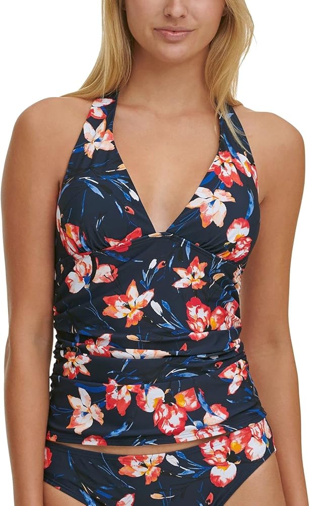 Tommy Hilfiger Women's Navy Floral Stretch Removable Cups Deep V Neck Halter Tankini Swimsuit Top S