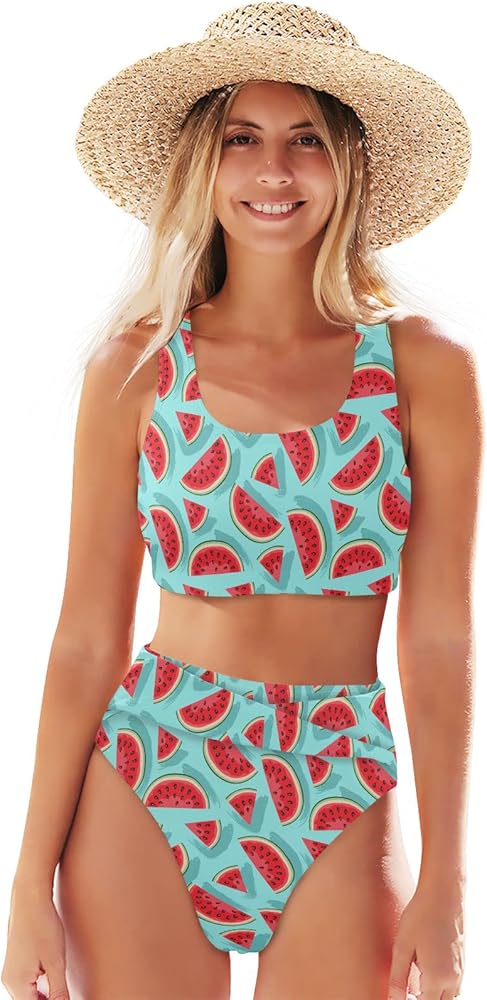 ALAZA Women Two Piece Bikini Set Watermelon on Blue Swimsuits