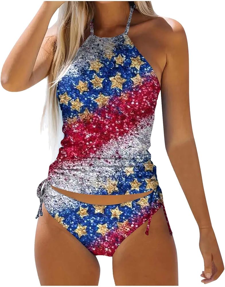 Two Piece Tankini 4th of July Swimsuits for Women Tummy Control Bathing Suits High Neck Tankini Tops with Bikini Bottom