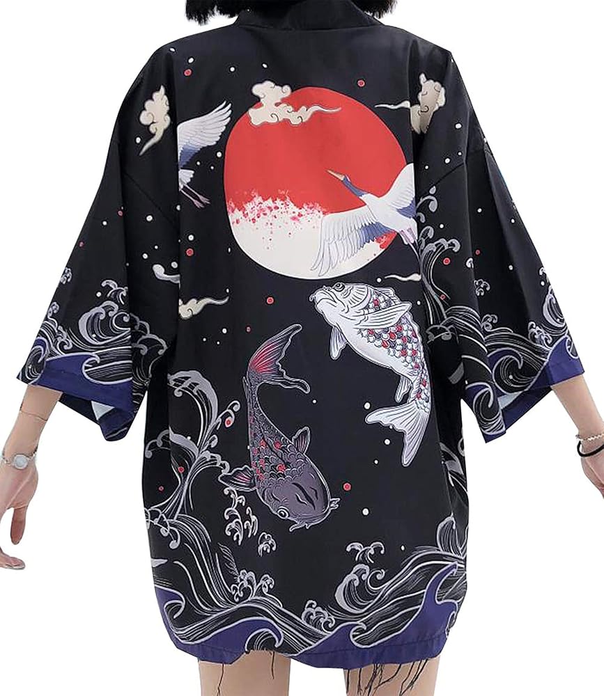 LAI MENG FIVE CATS Women's Summer 3/4 Sleeve Loose fit Beach Japanese Kimono Cover up