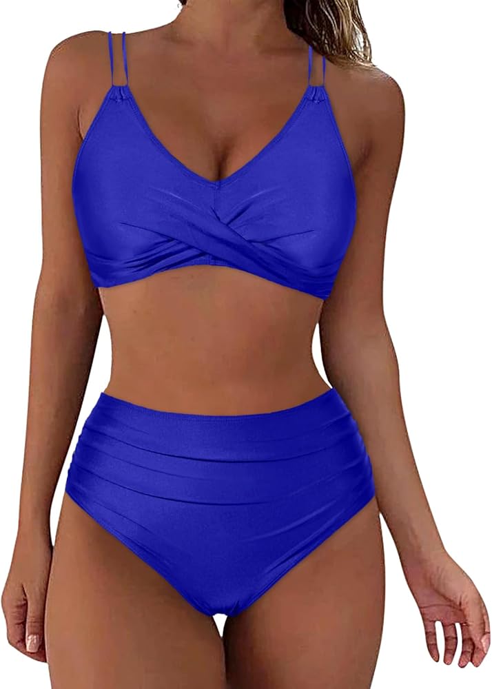 Tankini Bathing Suits for Women Two Piece Tummy Control Solid Color Vintage Retro Tankini Adjustable Loose Fit Cut Out Bikini