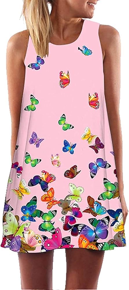 Womens Casual Dresses Summer Floral Tunic Sleeveless Shift Beach Mini Dress with Pockets