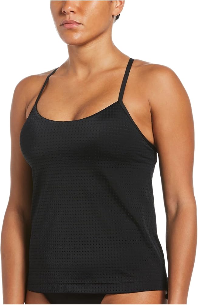 Nike Women's Black Stretch Drawcords at Hem Layered Essential Scoop Neck Tankini Swimsuit Top S