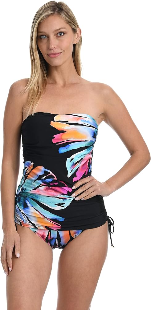 La Blanca Women's Standard Bandeau Tankini Swimsuit Top, Black//Prism Palm, 16