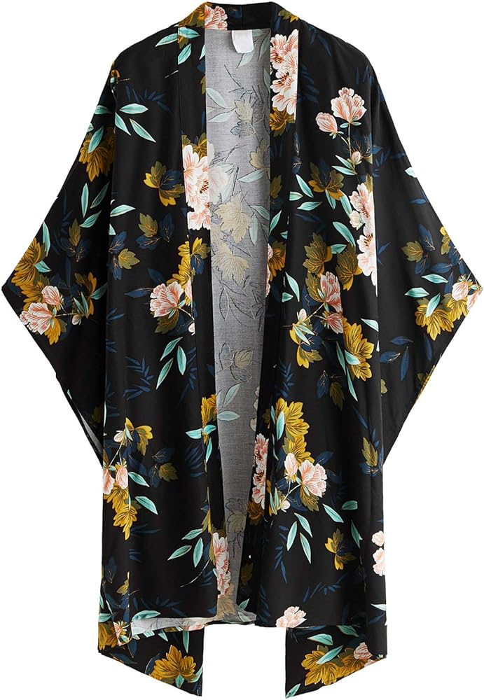 SweatyRocks Women Kimono Vintage Floral Beach Long Cover Up