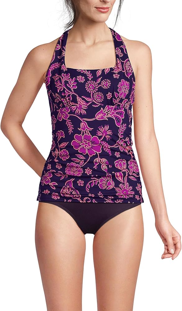 Lands' End Womens Chlorine Resistant Square Neck Halter Tankini Top Swimsuit