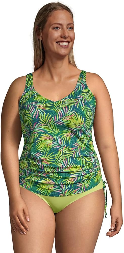 Lands' End Womens Chlorine Resistant Adjustable V-Neck Underwire Tankini Top Baltic Teal Multi Palm Plus 22w