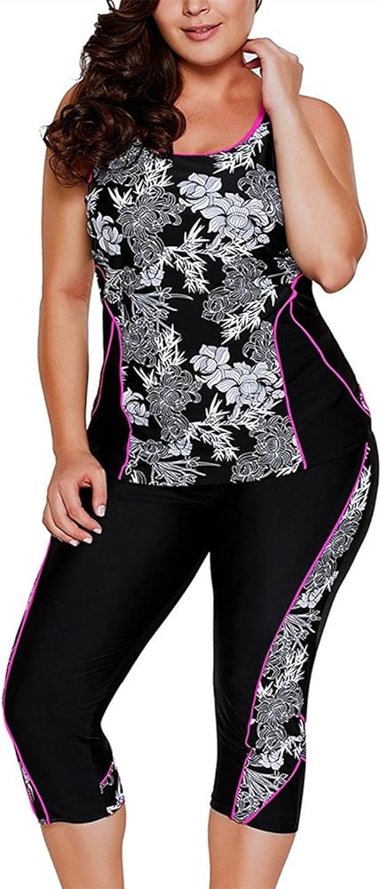 GLUDEAR Women's Plus Size Floral Capris Bottom Tankini Two Piece Swimsuits L-5XL