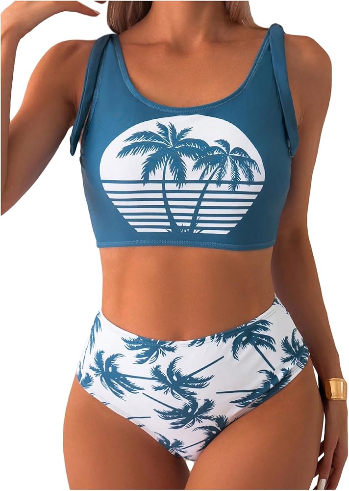 WDIRARA Women's 2 Piece Tropical Print Scoop Neck Swimsuit High Waist Tankini Set