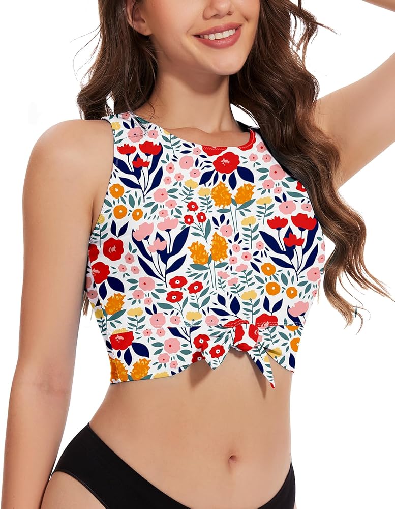 WOWENY Front Knot Bikini Crop Tops for Women Swim Tank Tops Padded High Neck Tankini Top Bathing Suit Swimsuit Top Only