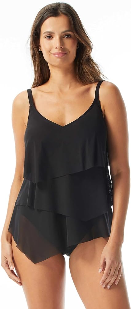 Coco Reef Flourish Bra Sized Tier Mesh Underwire Tankini Top with Asymmetrical Hem