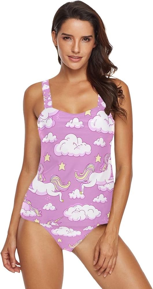 Doodle Pink Unicorns Tankini Bathing Suits for Women Tummy Control Two Piece Tankini Swimsuit with Bikini Bottom