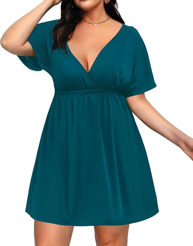 Pinup Fashion Women's Plus Size Swimsuit Cover Up Dress Short Sleeve Wrap V-Neck Beachwear Coverups