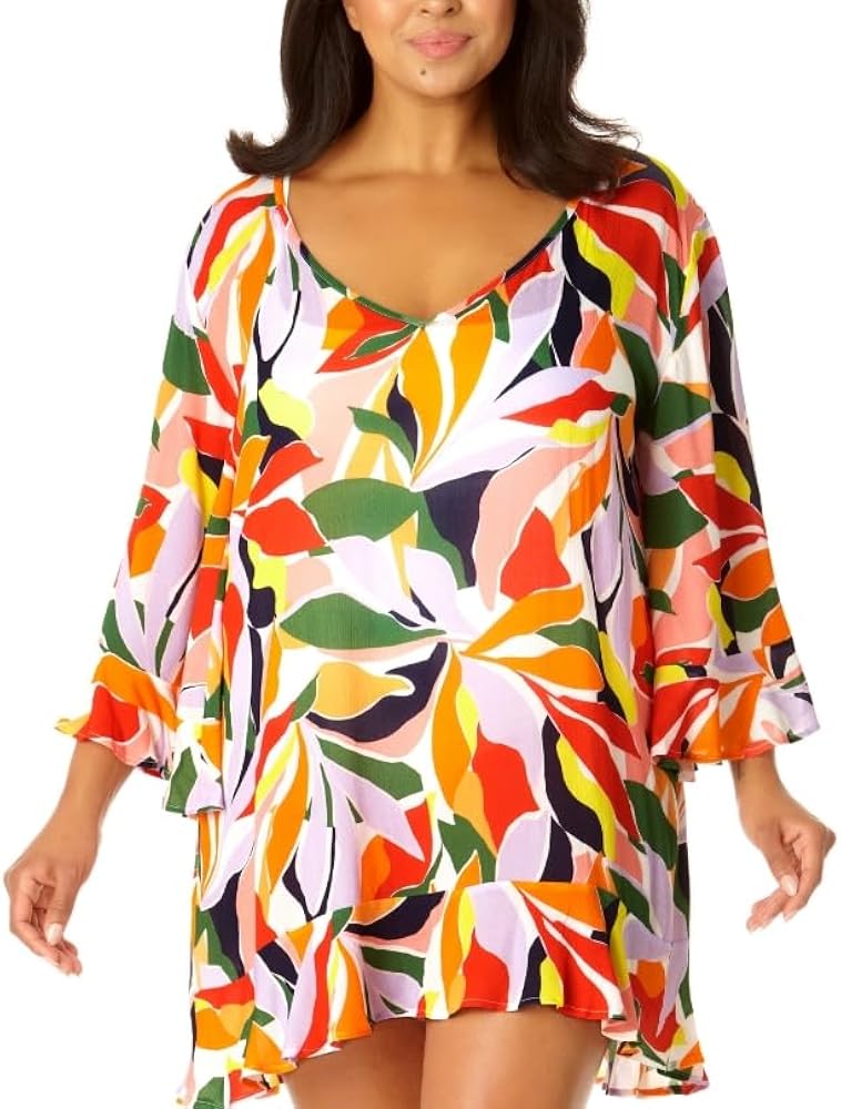 Anne Cole Plus Size Flounce V-Neck Tunic Cover-up Women's Swimsuit Multicolor, 22