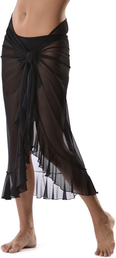 La Palapa Long Mesh Ruffle Sarong Cover Up One Size - Black