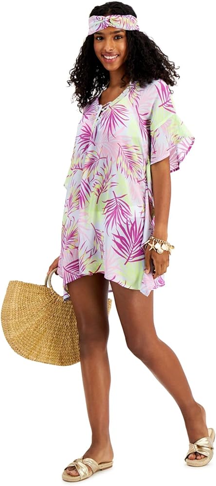 Women's Purple Tropical Print Flutter Sleeves Deep V Neck Tie Swimsuit Cover Up M