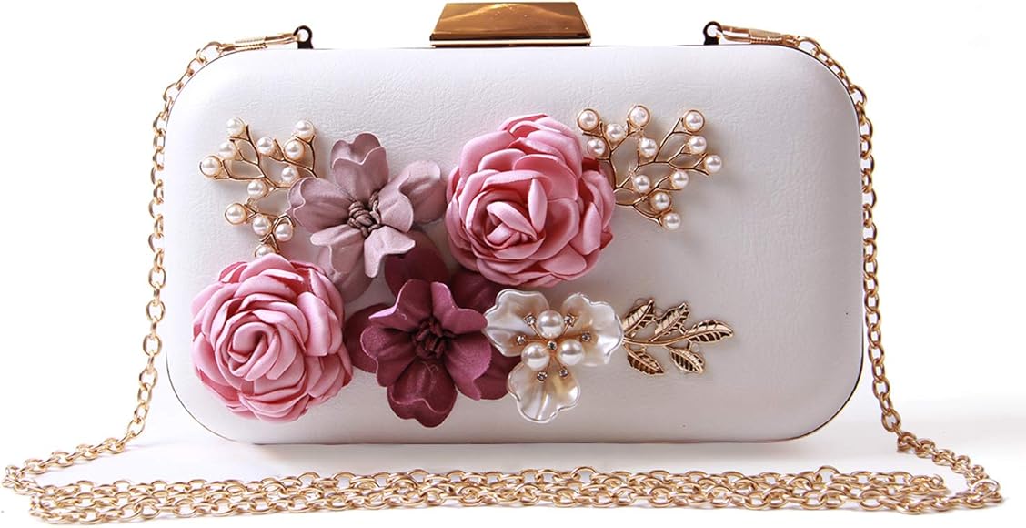 EVEOUT Bolso de Novia con Cuentas Flor Perlas para Novias,Bolso de Mano para Mujer en Piel Bolso de Fiesta para Mujer