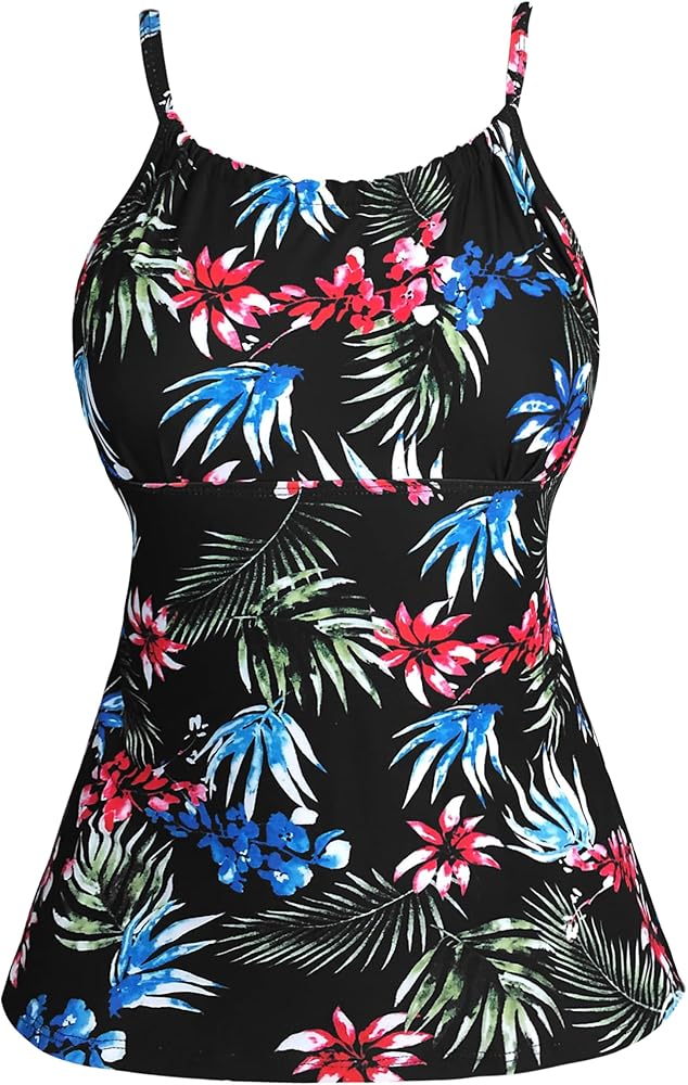 Women's Retro Sailor Stripe Floral Sporty Tankini Top Swimsuit (FBA)