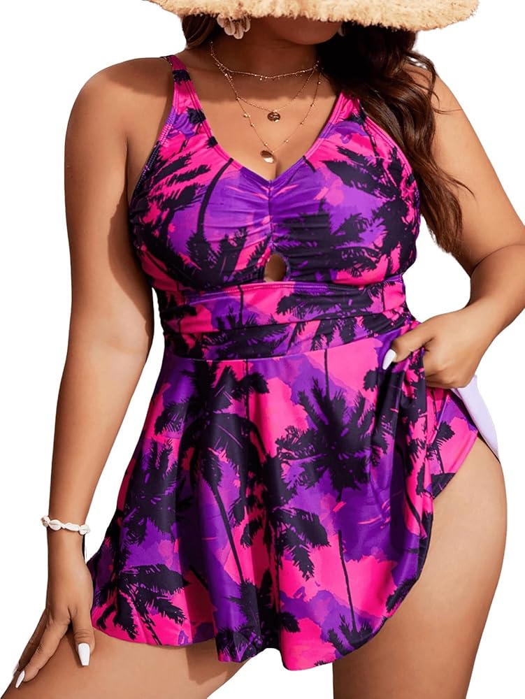 MakeMeChic Women's Plus Size 2 Piece Tankini Sets Tropical Print Ruched Cut Out Ruffle Swimsuit Beach Bikini Set